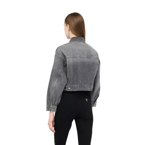 Giacca Donna cropped in denim con strass modella retro